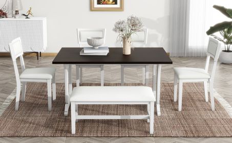 TOPMAX Farmhouse 6-Piece Trestle Dining Table Set with Upholstered Dining Chairs and Bench, 59inch, White